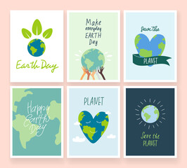 Happy Earth Day!
Make an everyday earth day. Vector eco illustrations for social banner, poster or card on the theme of saving the planet, human hands protect our earth. Heart-shaped Earth.