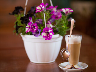 Glass latte cup on white saucer with curved metal spoon and two chocolate bars on wooden table