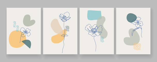 Trendy abstract art templates with floral and geometric elements. Art design for print, cover, wallpaper, banner and booklet. Foliage line art drawing with abstract shape. Vector illustration