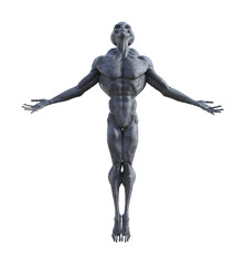 Illustration of a grey alien with arms back and head up on tiptoes looking upward isolated on a white background.