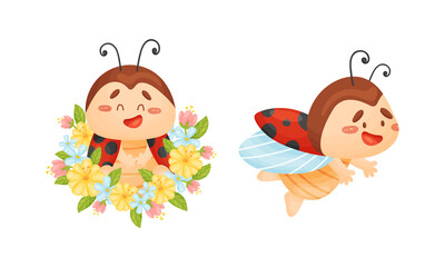 Cartoon Ladybug Sitting in Blooming Flowers and Flying Vector Set