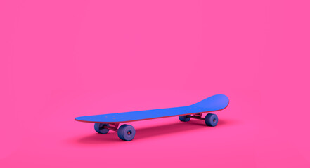 3D Rendering, Close up blue skateboard on the right side view, Extreme sport equipment mock up design, isolated on pink background.