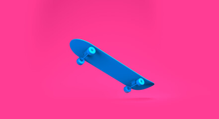3D Rendering, Blue skateboard jumping in the air on side view shot, Extreme sport equipment mock up design, isolated on pink background.