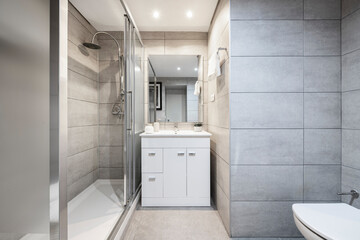 Toilet in modern apartment with shower, screen, white cabinet, toilet and walls covered with gray tiles