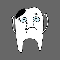 Funny tooth character. With caries and without caries, smiling and crying. Vector illustration. Isolated. Flat cartoon style. Suitable for landing page, banner, flyer, coloring for kids and adults