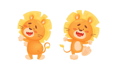 Cartoon Lion Cub Playful Character with Thick Mane Standing and Dancing Vector Set