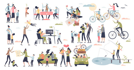 Family time set with quality parenting and bonding tiny person collection. Mother and father entertainment activities with kids or children vector illustration. Happy relationship elements and items.