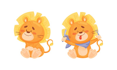 Cartoon Lion Cub Playful Character with Thick Mane Sitting and Ready to Eat Vector Set