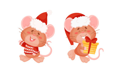 Cute Mouse with Protruding Ears in Red Hat and Knitted Sweater Waving Paw and Holding Gift Box Vector Set