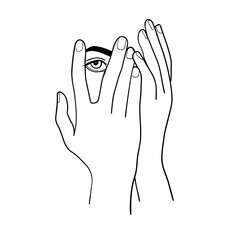 Girl covering her eyes with her hands on a white background. Linework illustration