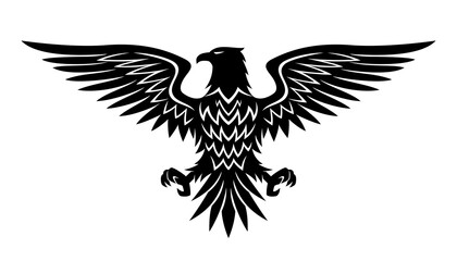 Illustration with black eagle icon on white background.
