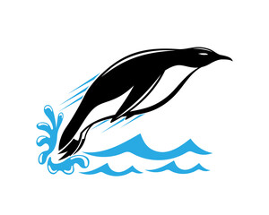 Illustration with icon of penguin jumping out of water on white background.