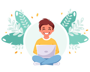 Boy studying with computer. Online learning, back to school concept. Vector illustration