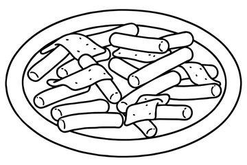 Tteokbokki. This is a popular Korean food made from small-sized garae-tteok (long, white, cylinder-shaped rice cakes). Vector line art illustration.