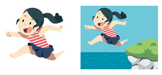 ジャンプする少女と崖のイラスト素材