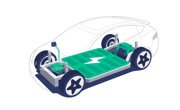 Electric car chassis with high energy battery cells pack modular platform. Skateboard module board. Vehicle components motor powertrain, controller with bodywork wheels. Isolated vector illustration.