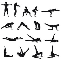 Silhouettes of woman practicing yoga stretching exercises. Shapes of girl doing yoga fitness workout. Set of yoga position icons. 