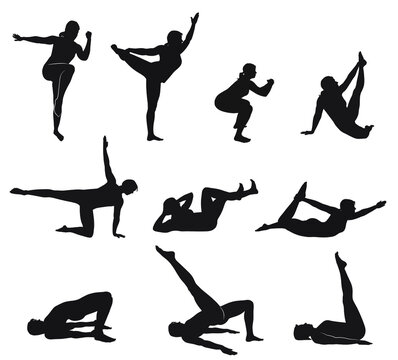 Set of vector silhouettes of girl doing fitness and yoga exercises.  Icons of flexible woman stretching her body in different yoga poses. Black shapes of woman isolated on white background.