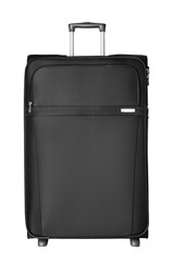 Black fabric travel suitcase wheels, zipper, handle, lock white background isolated front view, large baggage case, big luggage trolley bag, summer holidays, tourism, vacation, business trip accessory