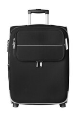 Black fabric travel suitcase wheels, zipper, handle, lock white background isolated front view, large baggage case, big luggage trolley bag, summer holidays, tourism, vacation, business trip accessory