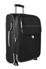 Black fabric travel suitcase wheels, zipper, handle, lock white background isolated side view,...