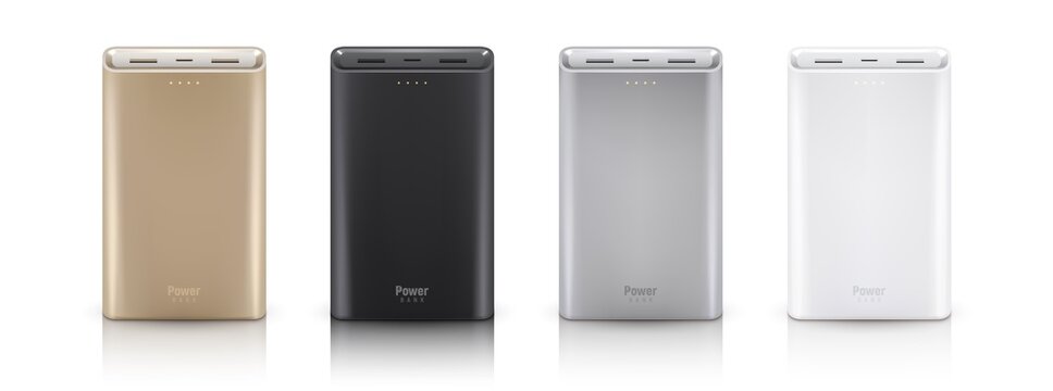 Powerbanks set isolated on white background. Golden, black, silver, white colors of devices.