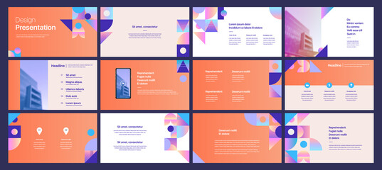 Set of vector slides for presentations and reports. Geometric elements with infographics in minimal design on a white background. Can be used for brochures, flyers, booklets, banners, web interfaces.