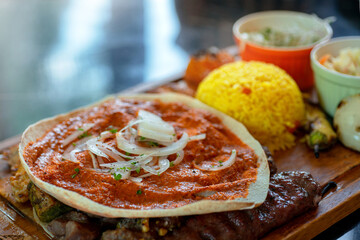 Muhammara on Lebanese shish taouk chicken and mutton kabob platter, Lebanese mixed grill plate and...