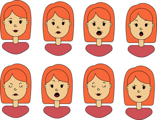 A set of emotions of a girl. Red-haired girl set of stickers. Emotions of a character in a vector illustration.