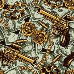 Gangster and money vintage seamless pattern - obrazy, fototapety, plakaty