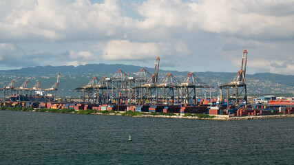 Kingston container Terminal in Jamaica view from the entrance to the bay