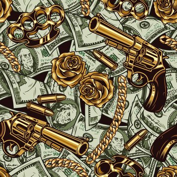 Gangster and money vintage seamless pattern