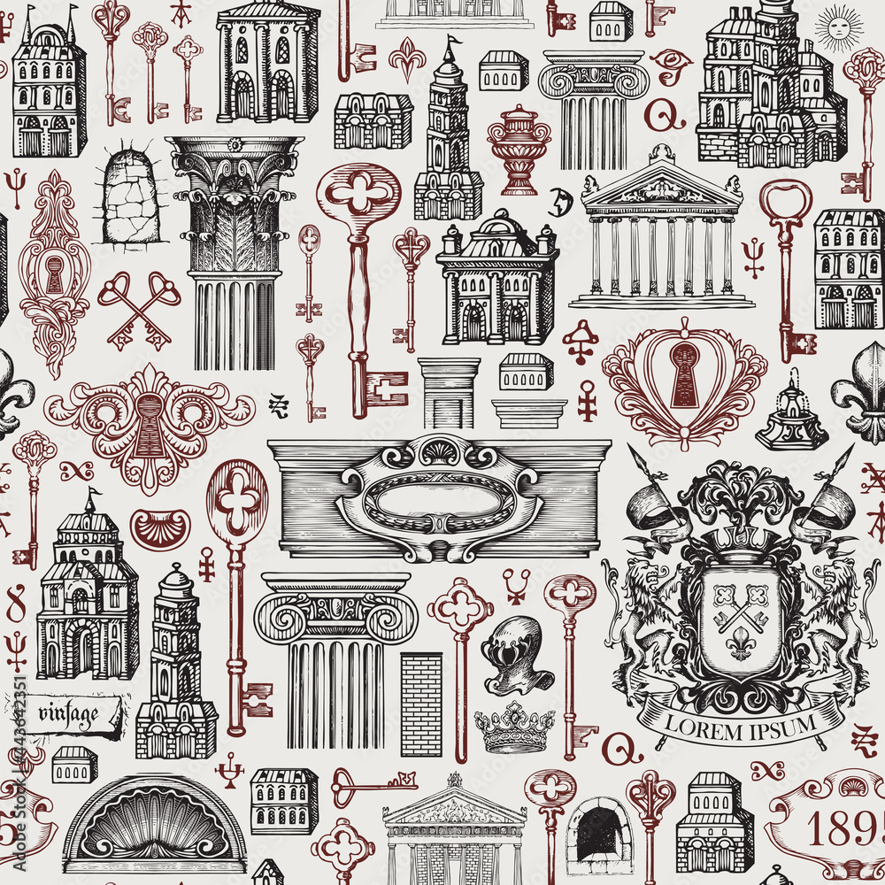 Poster hand-drawn seamless pattern on a theme of ancient architecture and art. repeating vector background 