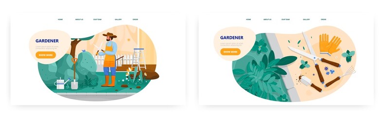Gardener landing page design, website banner vector template set. Man trimming bush with garden scissors. Gardening.