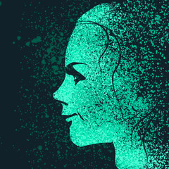 Portrait of a happy smiled woman painted with particles