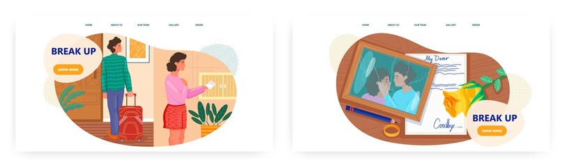 Break up, landing page design, website banner vector template set. Relationship crisis, divorce, conflict, unhappy love.