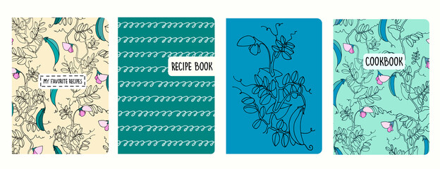 Cover page vector templates for recipe books with pea plant illustrations and spiral lines, cursive imitation. Cookery books cover layout. Based on seamless patterns. Headers isolated and replaceable