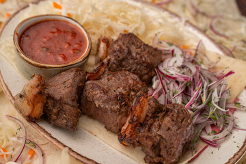 Juicy grilled BBQ meat with salted cabbage, onions and tomato sauce