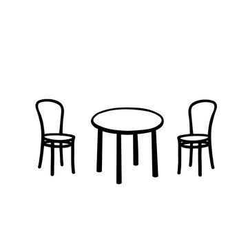 Black Vector outline illustration of a room with a table and a pair of chairs on a white wall background