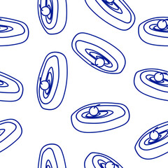 Vector confectionery seamless pattern with pies, pies, pies, cupcakes and eclairs Hand drawn sweet baked goods in sketchy style isolated on white background. Blue lines.