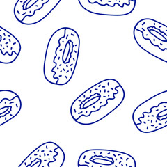 Vector confectionery seamless pattern with pies, pies, pies, cupcakes and eclairs Hand drawn sweet baked goods in sketchy style isolated on white background. Blue lines.