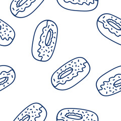 confectionery seamless pattern with pies, pies, pies, cupcakes and eclairs Hand drawn sweet baked goods in sketchy style isolated on white background. Blue lines.