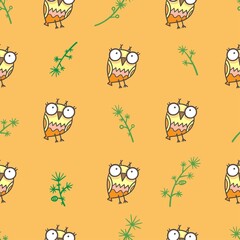 Seamless pattern with cute cartoon owls on orange background. Funny doodle vector wallpaper. Line art animals print.