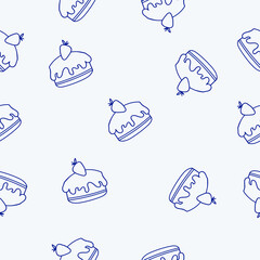 Vector confectionery seamless pattern with pies, pies, pies, cupcakes and eclairs Hand drawn sweet baked goods in sketchy style isolated on white background. Blue lines.