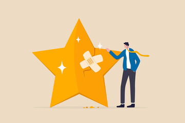 Reputation management, customer experience or rating, crisis management to repair or fix customer trust problem, credit score or satisfaction concept, businessman fix broken rating star with bandage. - obrazy, fototapety, plakaty