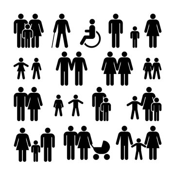 People Icons Set. Family, Men, Women, Couple, Children, Elderly, Disabled. Vector illustration.