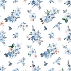 Watercolor vintage floral seamless pattern for fabric, dusty blue flowers background for nursery, kids apparel, home decor