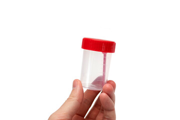 Man holding empty sample cup. Plastic container for medical tests isolated