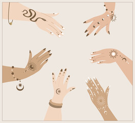 Female Palms with Ornamental Henna Mehendi Paintings Circle.Women Round hands.Esoterics Indian Style.Sacred Woman Group Power.Feminine Meeting,Female Empowerment Energy Union.Flat Vector Illustration