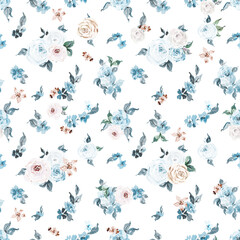 Watercolor vintage floral seamless pattern for fabric, dusty blue flowers background for nursery, kids apparel, home decor